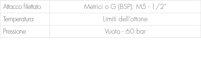 Attacco filettato,Metrici o G (BSP): M5 1/2”,Temperatura,Limiti dell’ottone,Pressione,Vuoto 60 bar 